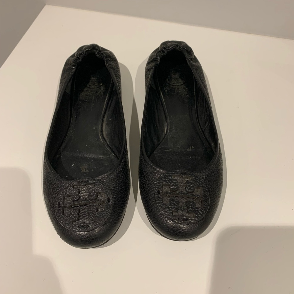 Tory Burch Black Leather Logo Ballet Flats